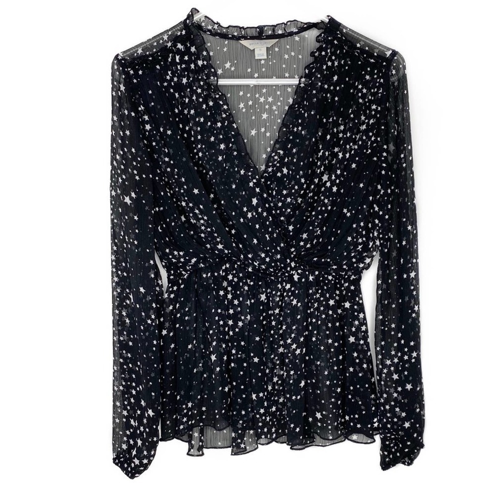 BELLE Sky Sheer Star Deep V-Neck Blouse Size Small